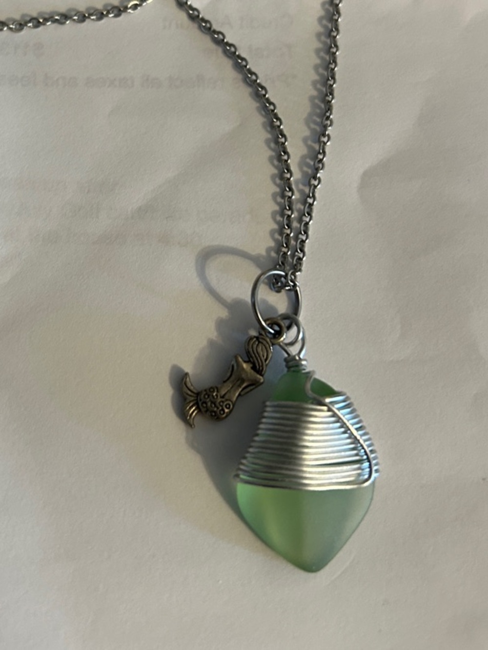 Silver Chain Necklace with Green Glass Pendant